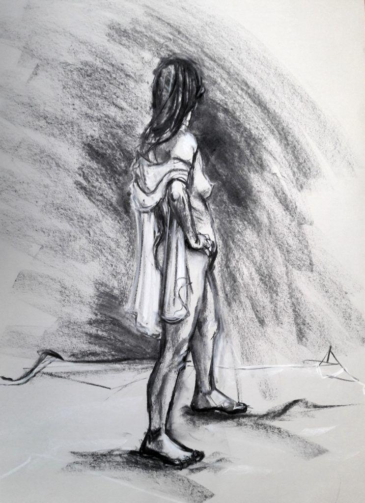 Full standing pose with scarf. Charcoal and chalk on sugar paper. 20-minute study