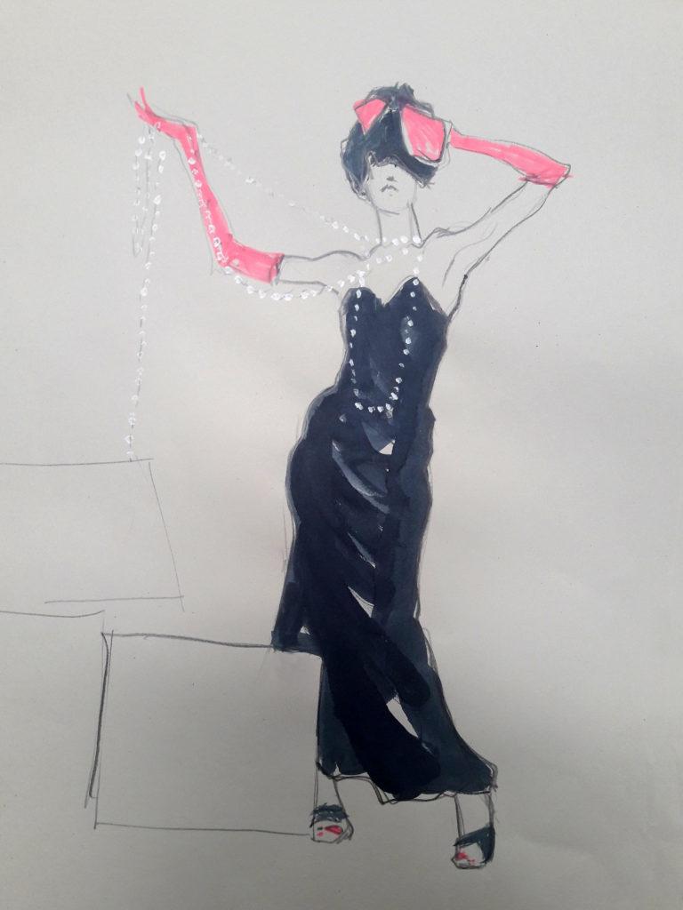 1980s fashion, online session. 10-minute pose in graphite, ink and highlighter pen. (Model: Ami Benton)