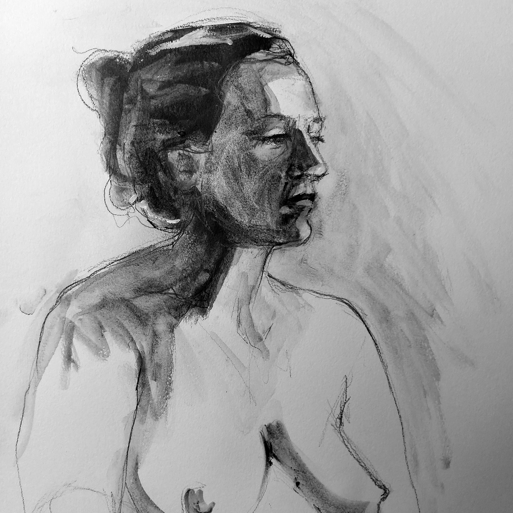 Sarah. Water soluble graphite and pastel pencil on paper. A2. 30 mins.