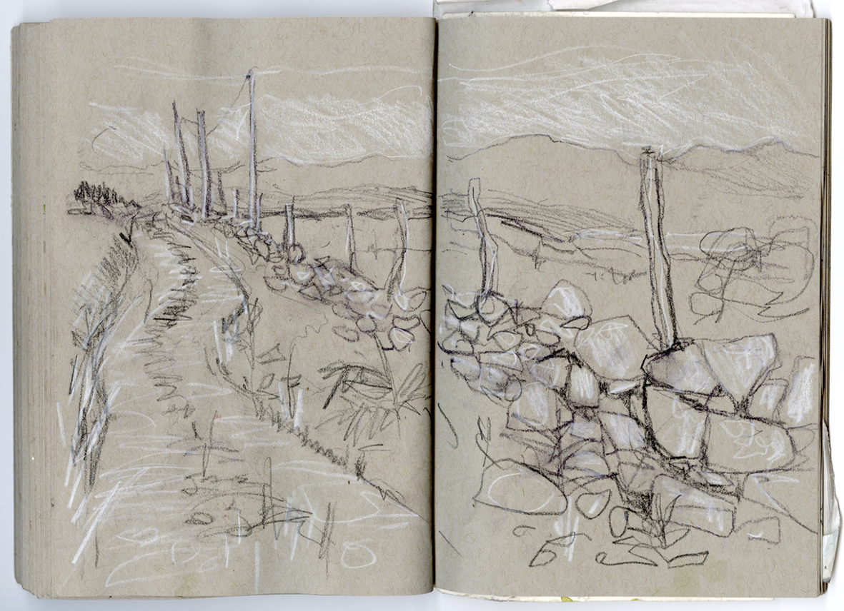 Sketch of dry stone wall. Path leading to Ceunant Llennyrch